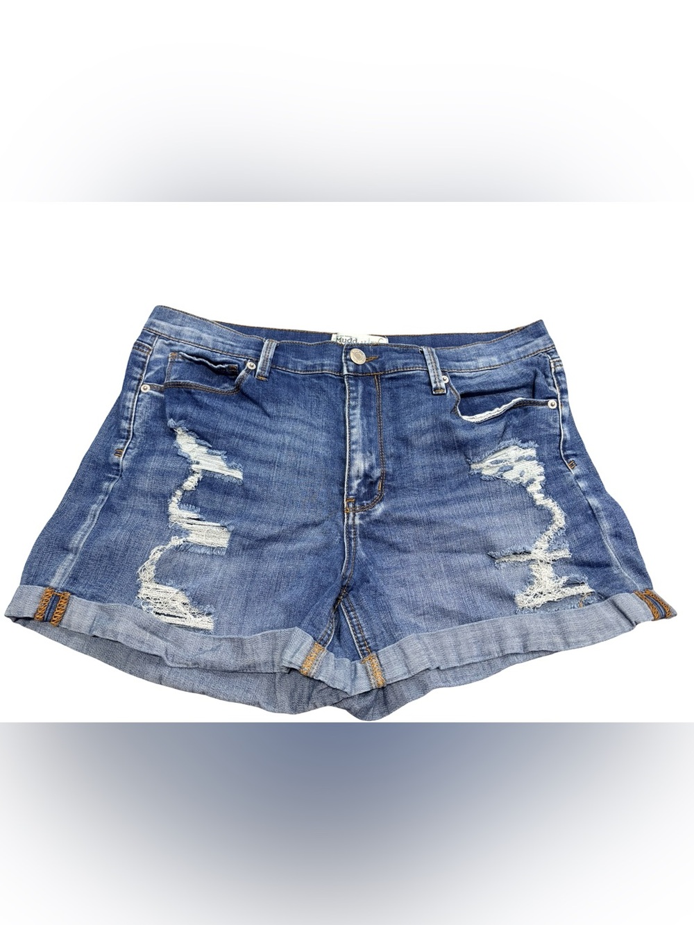 Mudd Mid Rise Distressed Denim Shorts Cuffed Hem Stretch Size 17